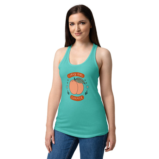 Curvy Girl Summer Racerback Tank Body-Positive Graphic Tank Top Spinsterly Co teal with hand-drawn peach print
