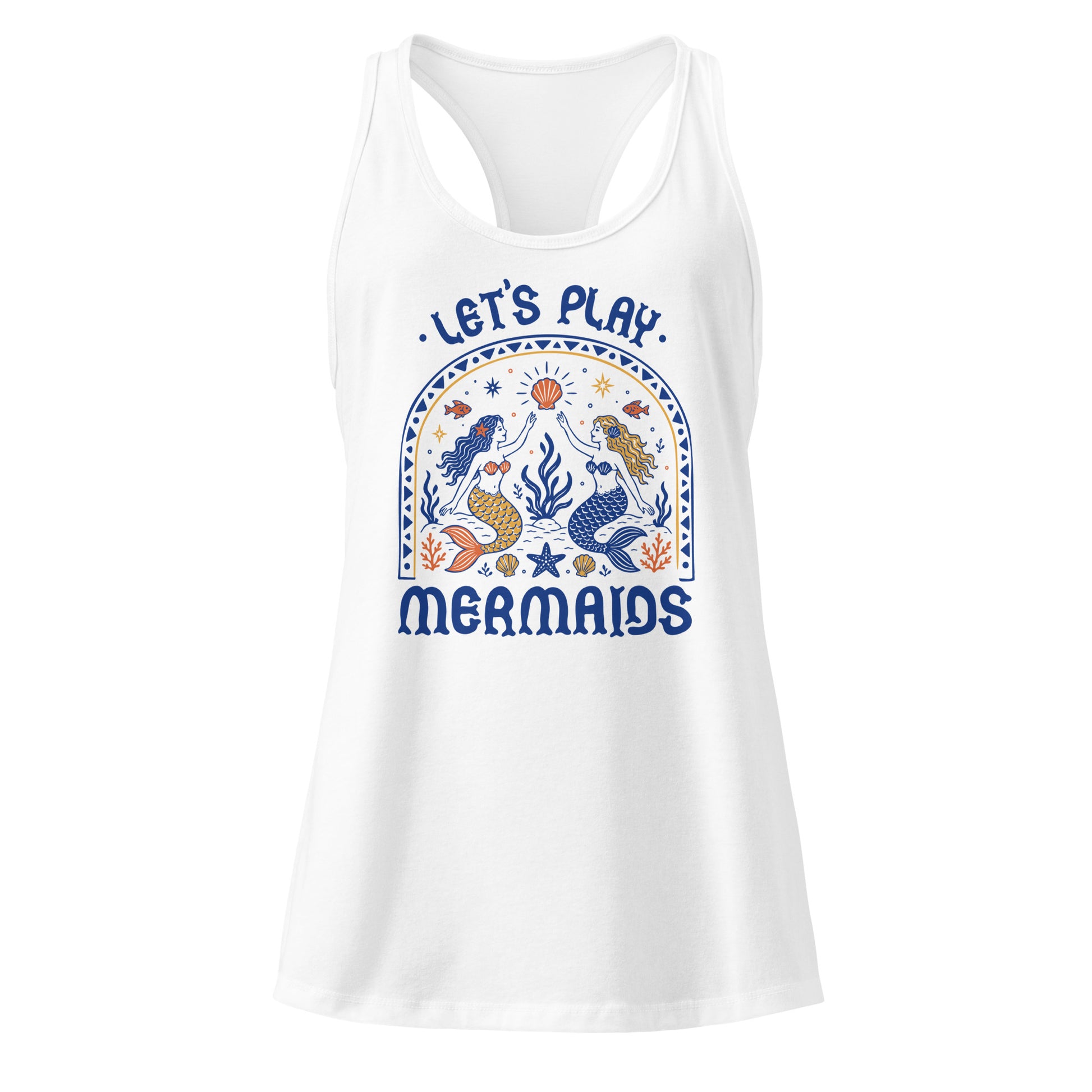 Let's Play Mermaids Racerback Tank Ocean Graphic Summer Tank Top by Spinsterly Co white with mermaids ocean print