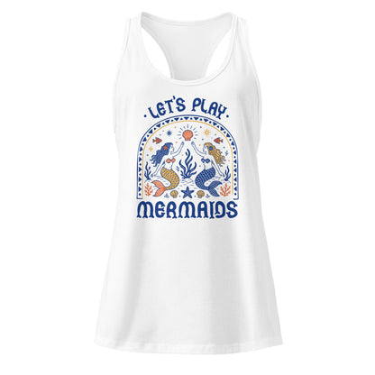 Let's Play Mermaids Racerback Tank Ocean Graphic Summer Tank Top by Spinsterly Co white with mermaids ocean print