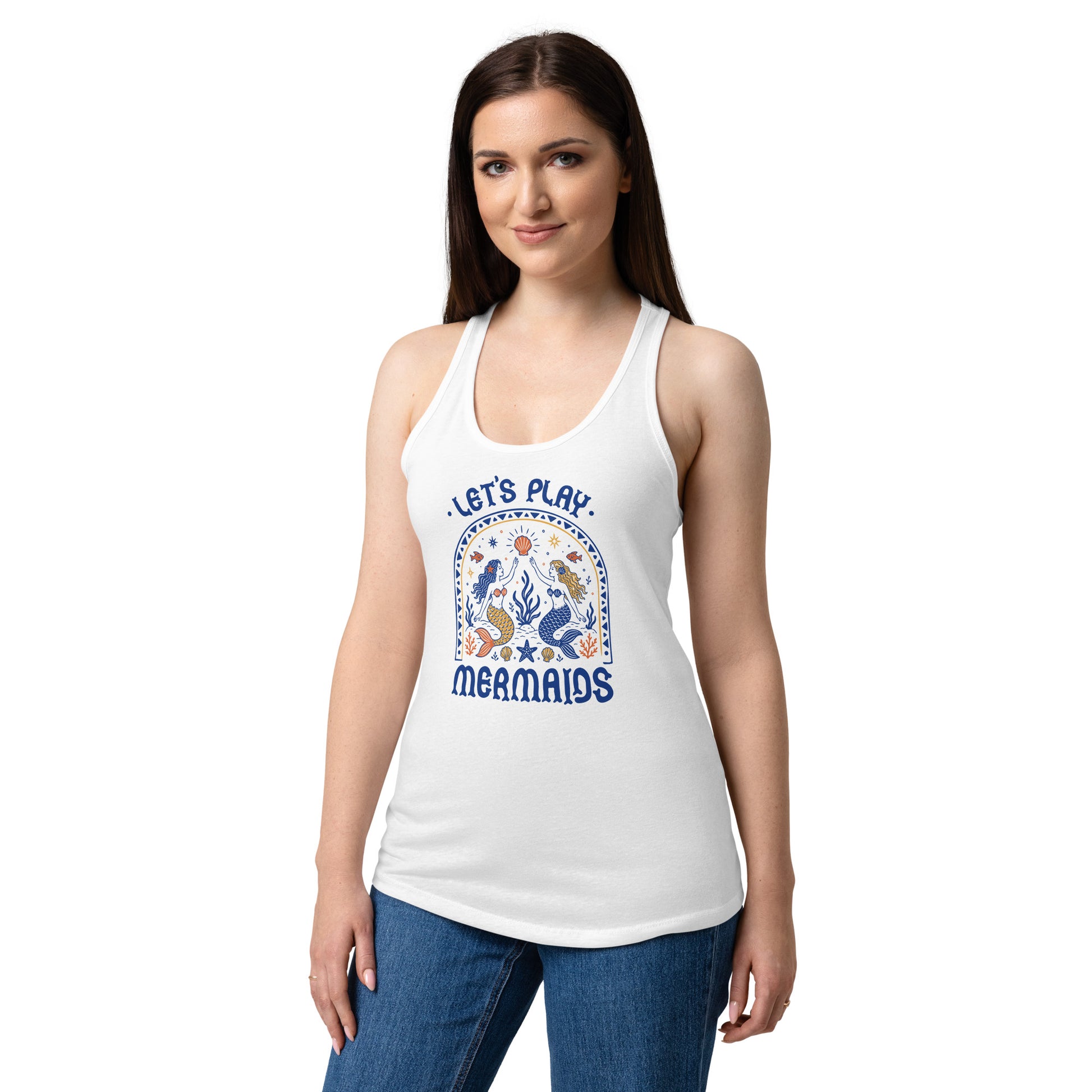 Let's Play Mermaids Racerback Tank Ocean Graphic Summer Tank Top by Spinsterly Co in white with all-over mermaid print