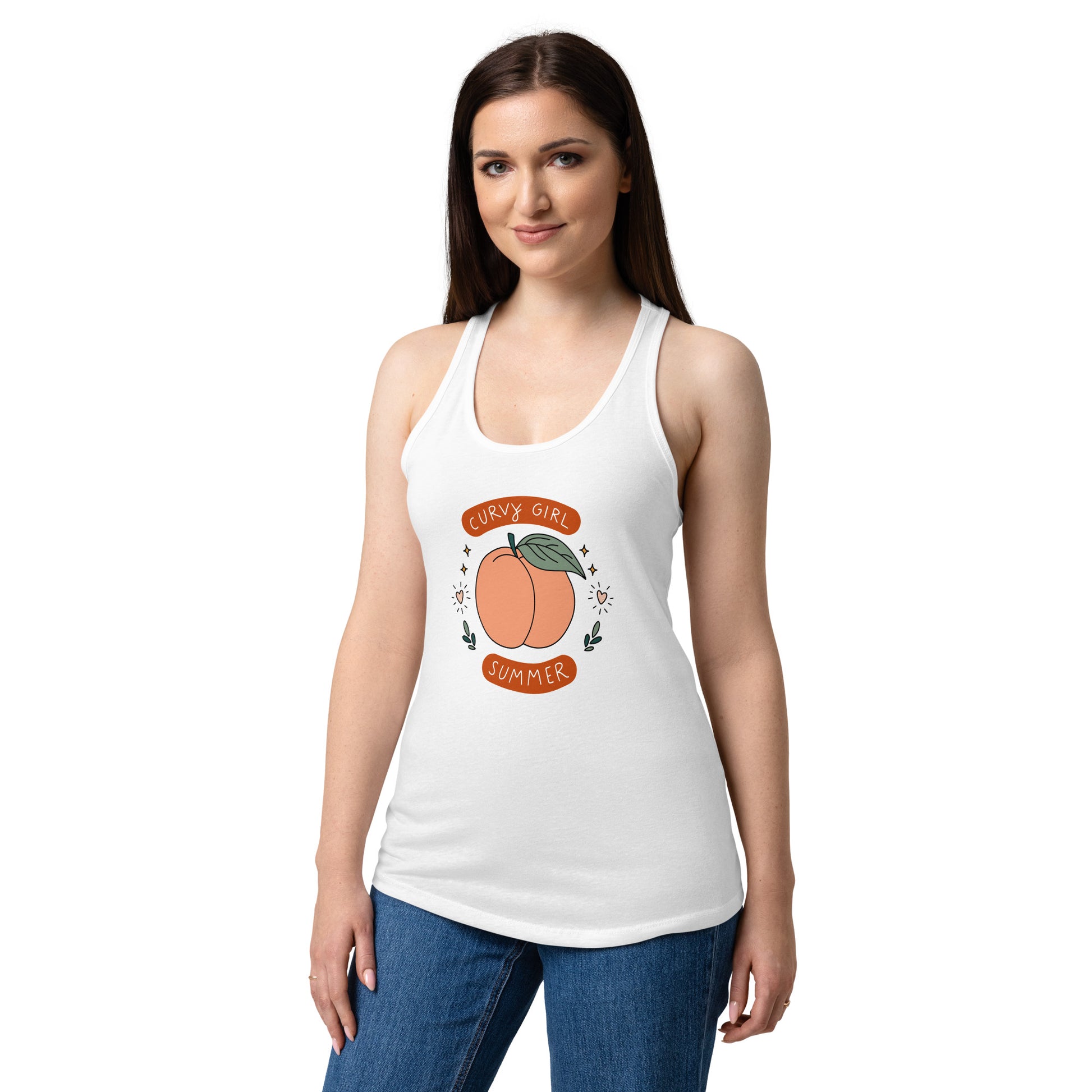 Curvy Girl Summer Racerback Tank Spinsterly Co white scoop neck fitted jersey with hand drawn peach graphic