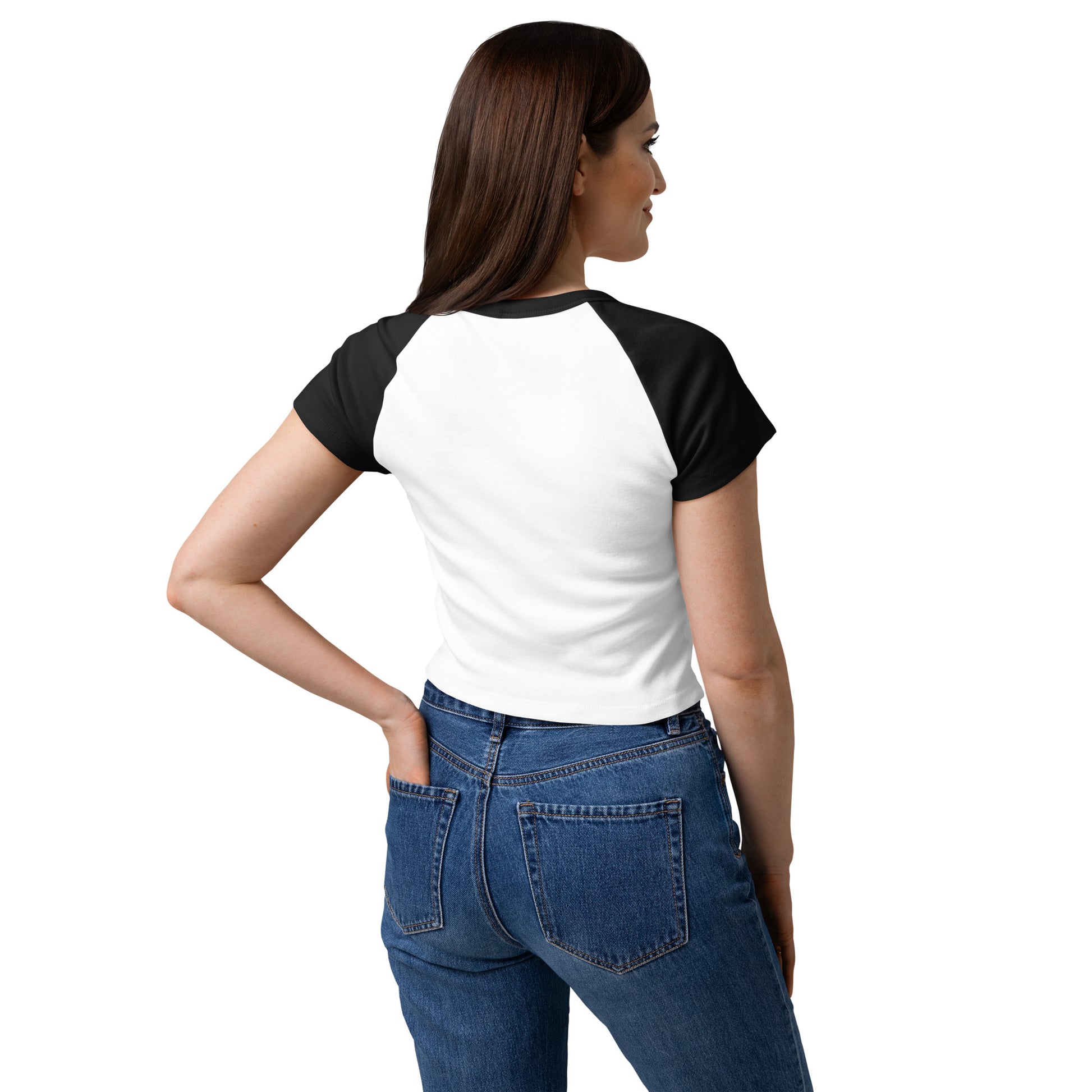 Summerween Queen Raglan Baby Tee Spooky Pin-Up Micro Rib Crop Top by Spinsterly Co in white and black raglan sleeves