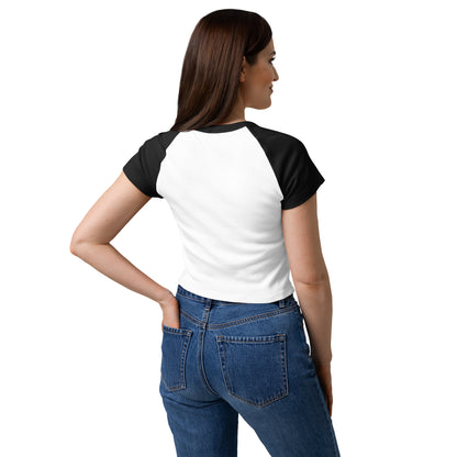 Summerween Queen Raglan Baby Tee Spooky Pin-Up Micro Rib Crop Top by Spinsterly Co in white and black raglan sleeves