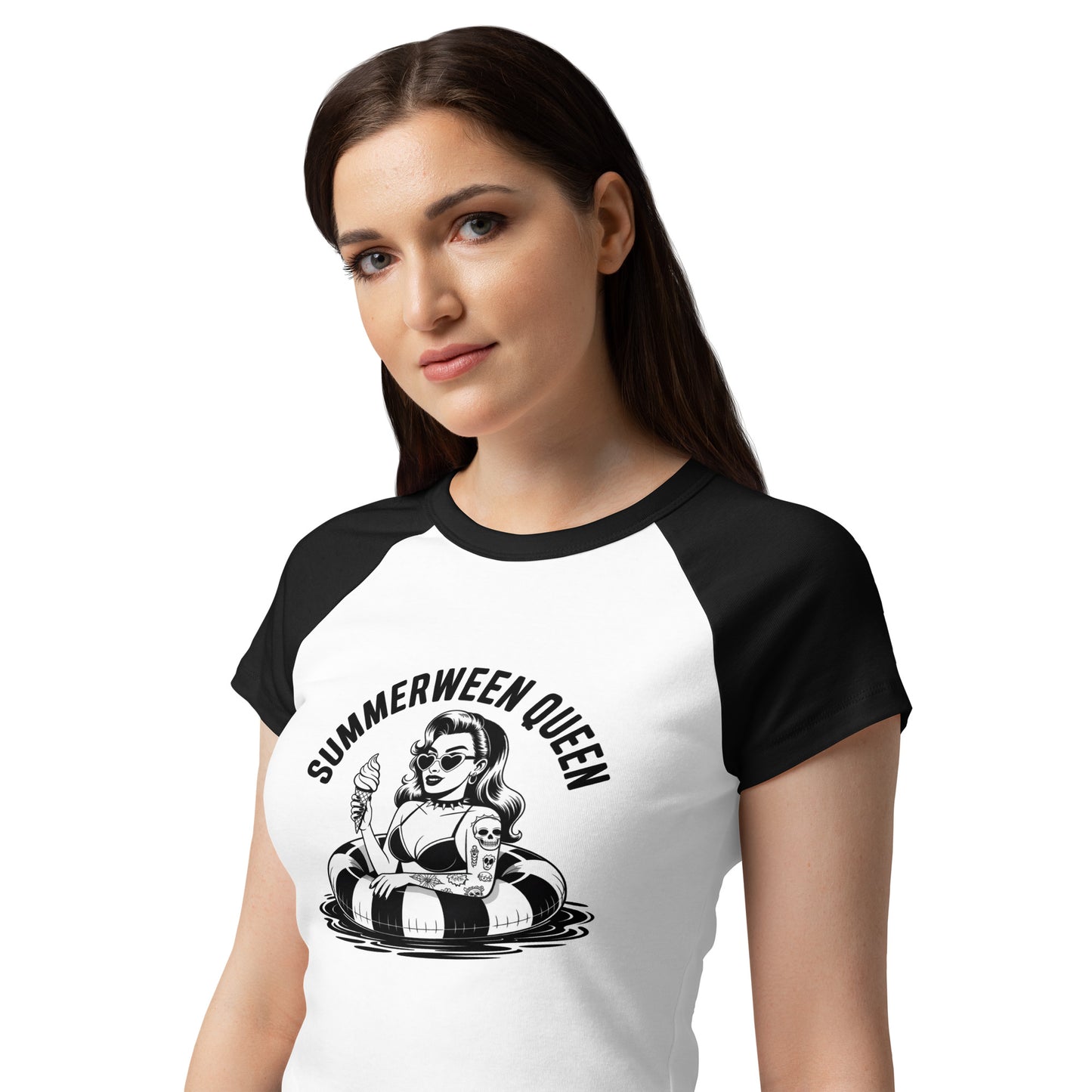 Summerween Queen Raglan Baby Tee by Spinsterly Co in black and white with contrast raglan sleeves