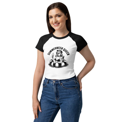 Summerween Queen Raglan Baby Tee by Spinsterly Co micro rib crop top in white and black with contrast raglan sleeves