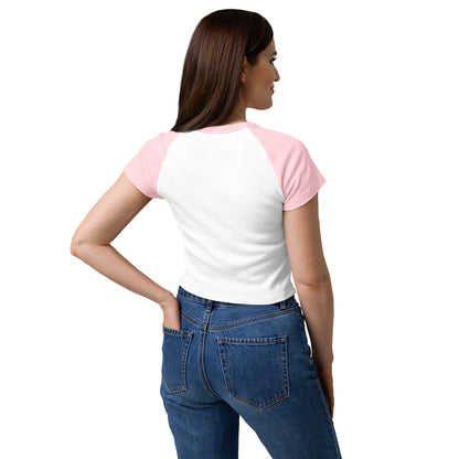 Bad and Beachy Micro Rib Raglan Baby Tee by Spinsterly Co in white and pink raglan sleeves