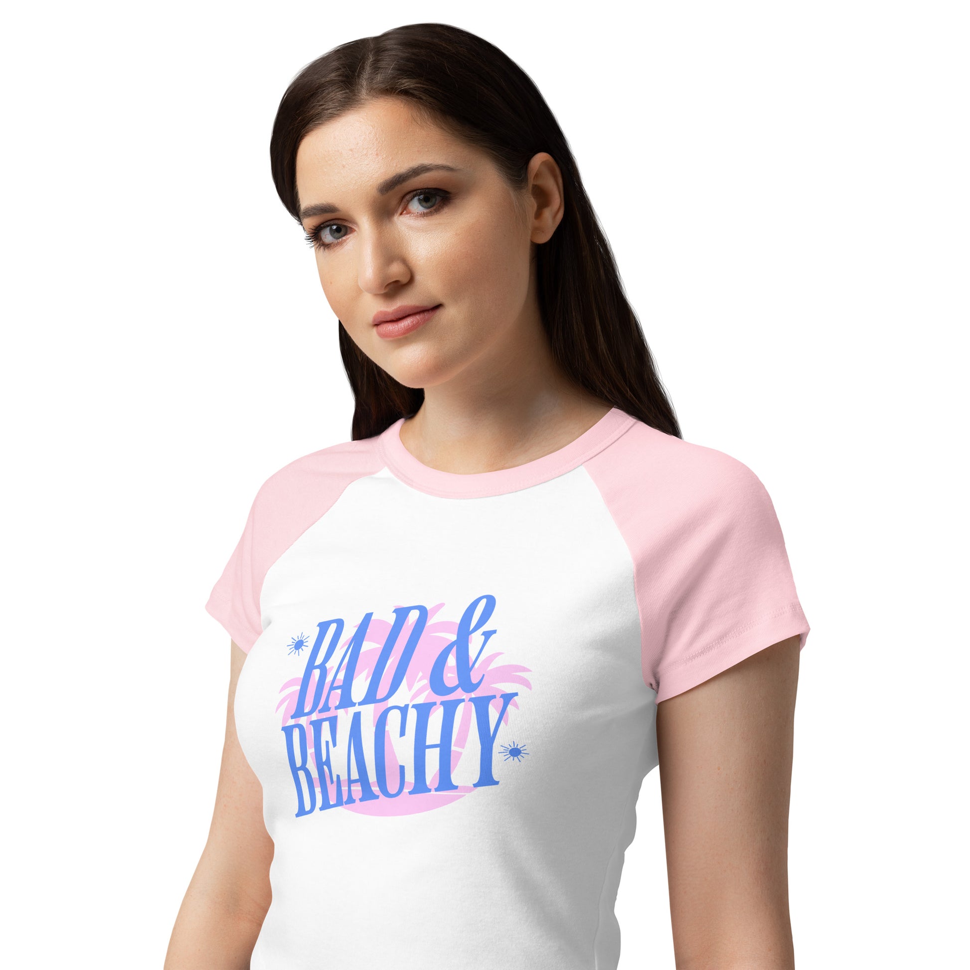 Bad and Beachy Micro Rib Raglan Baby Tee by Spinsterly Co in pink and white with palm tree flamingo print