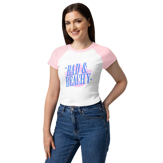 Bad and Beachy Micro Rib Raglan Baby Tee Spinsterly Co in white and pink with retro Bad and Beachy lettering
