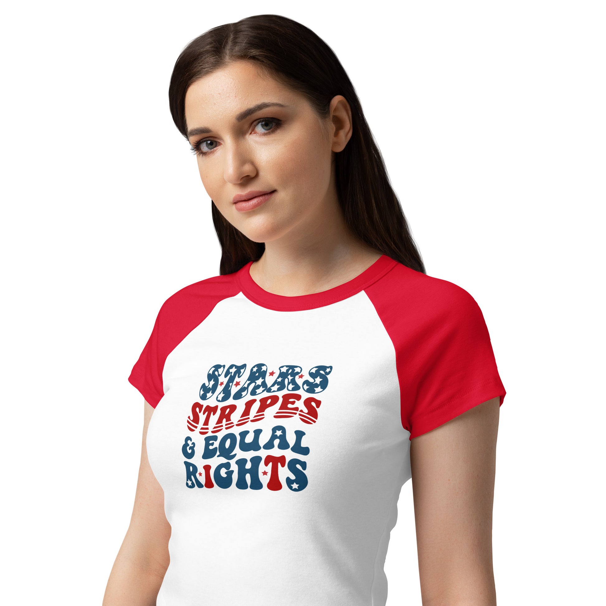 Stars, Stripes, and Equal Rights Raglan Baby Tee by Spinsterly Co in red and white with soft micro rib fit