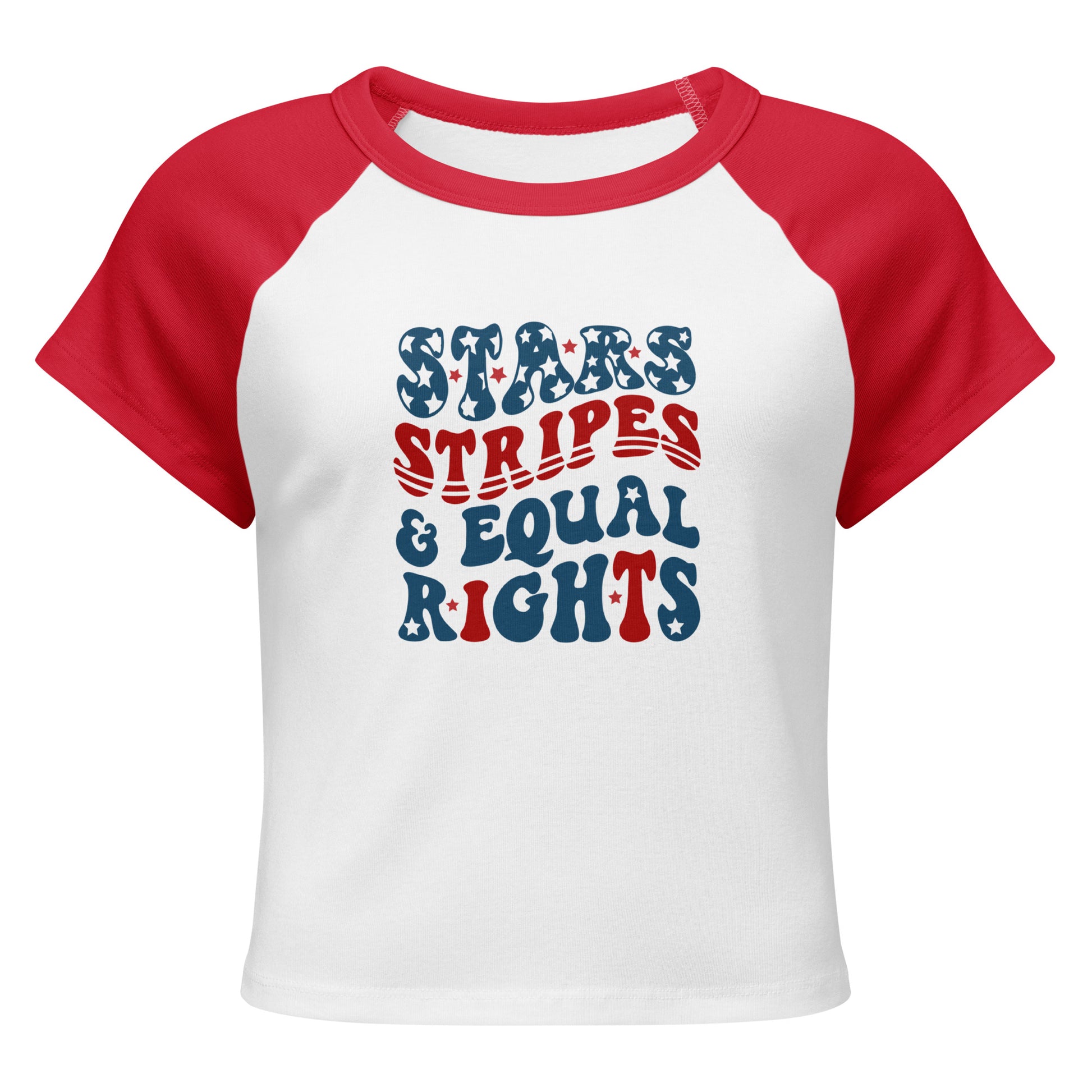 Stars, Stripes, and Equal Rights Raglan Baby Tee by Spinsterly Co in red and white with micro rib fitted crop