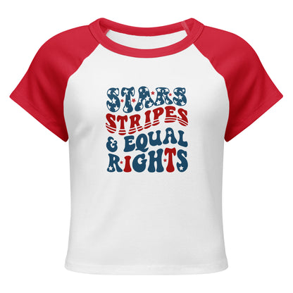 Stars, Stripes, and Equal Rights Raglan Baby Tee by Spinsterly Co in red and white with micro rib fitted crop