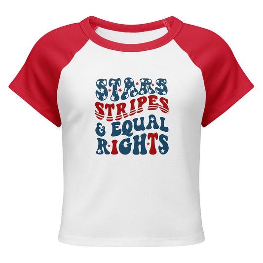 Stars, Stripes, and Equal Rights Raglan Baby Tee by Spinsterly Co in red and white with micro rib fitted crop