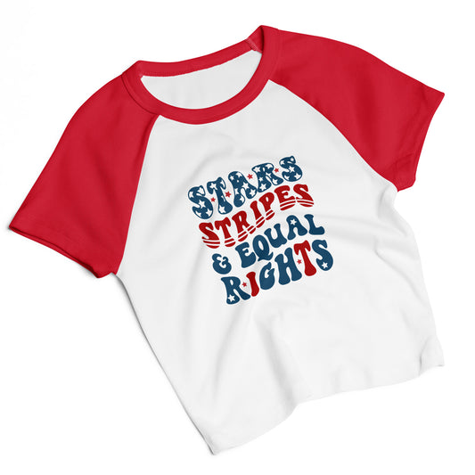Stars, Stripes, and Equal Rights Raglan Baby Tee by Spinsterly Co in red and white with micro rib fitted style