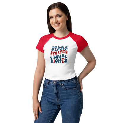 Stars, Stripes, and Equal Rights Raglan Baby Tee by Spinsterly Co in white and red with micro rib fitted silhouette