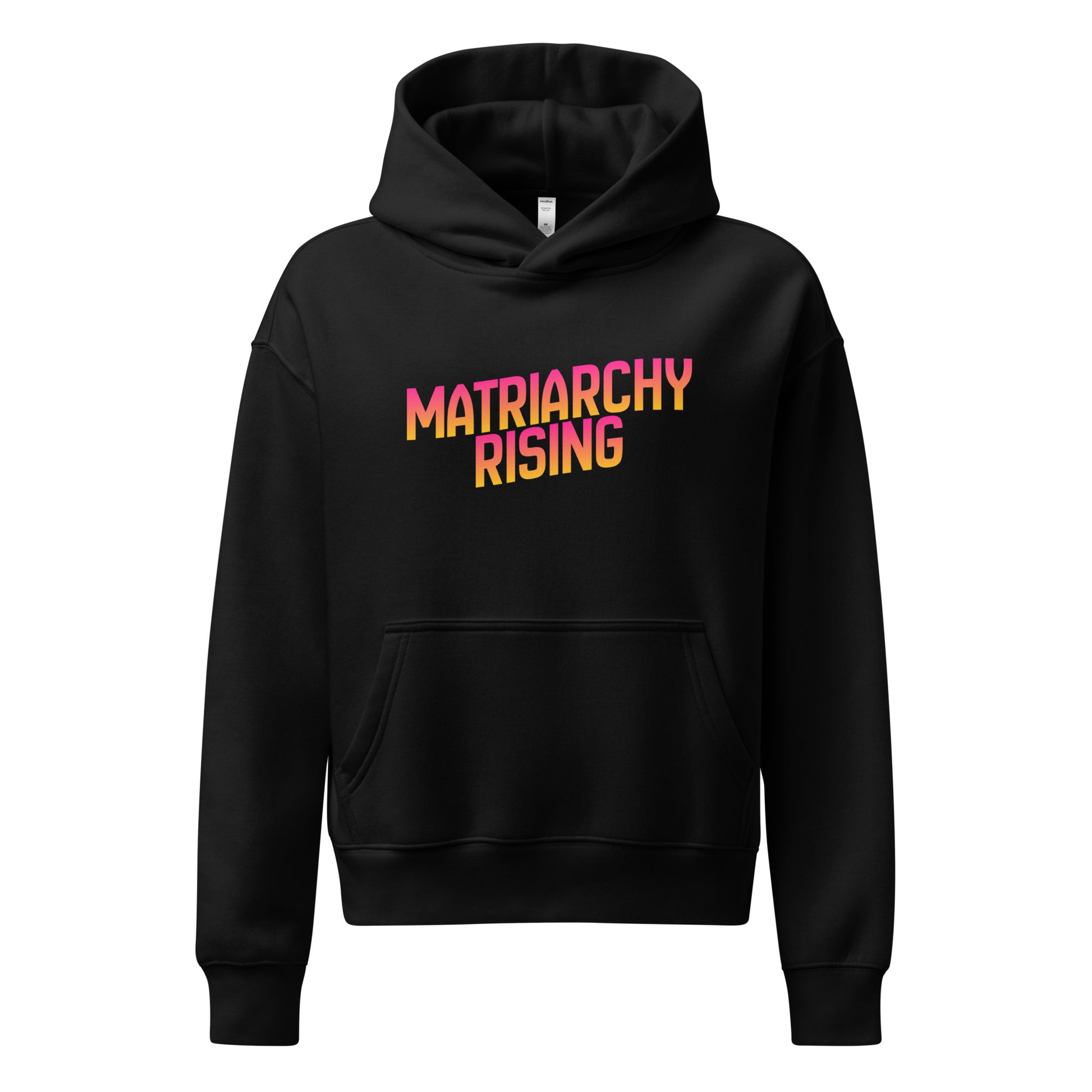 Black Matriarchy Rising hoodie with bold sunrise-gradient lettering across the chest.