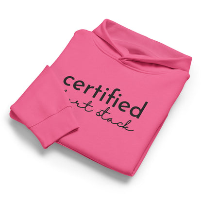 Pink sweatshirt with 'certifiedirt stack' text on a white background