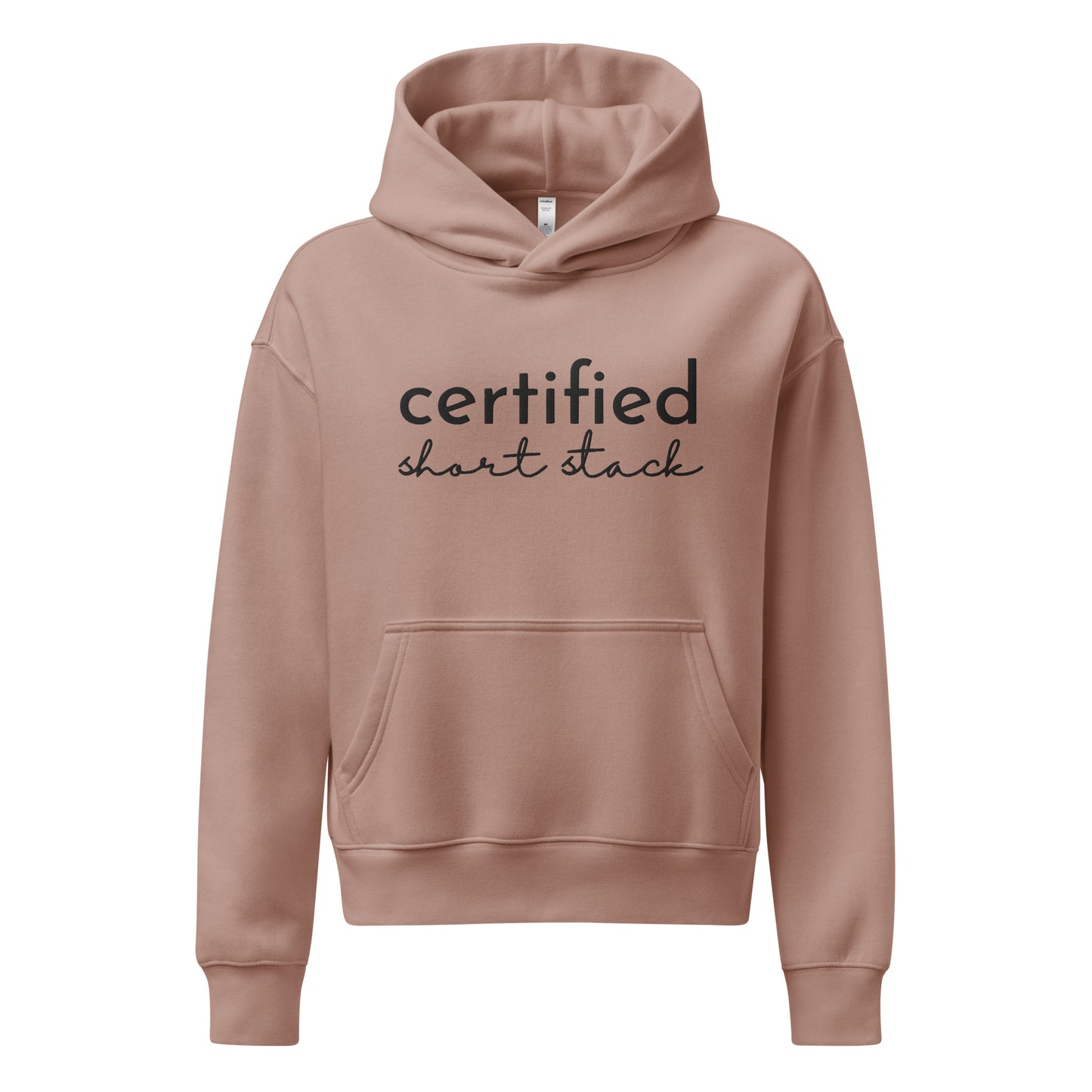 Brown hoodie with text on the chest against a white background
