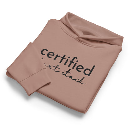 Folded brown sweatshirt with 'certifiedirt stack' text on a white background