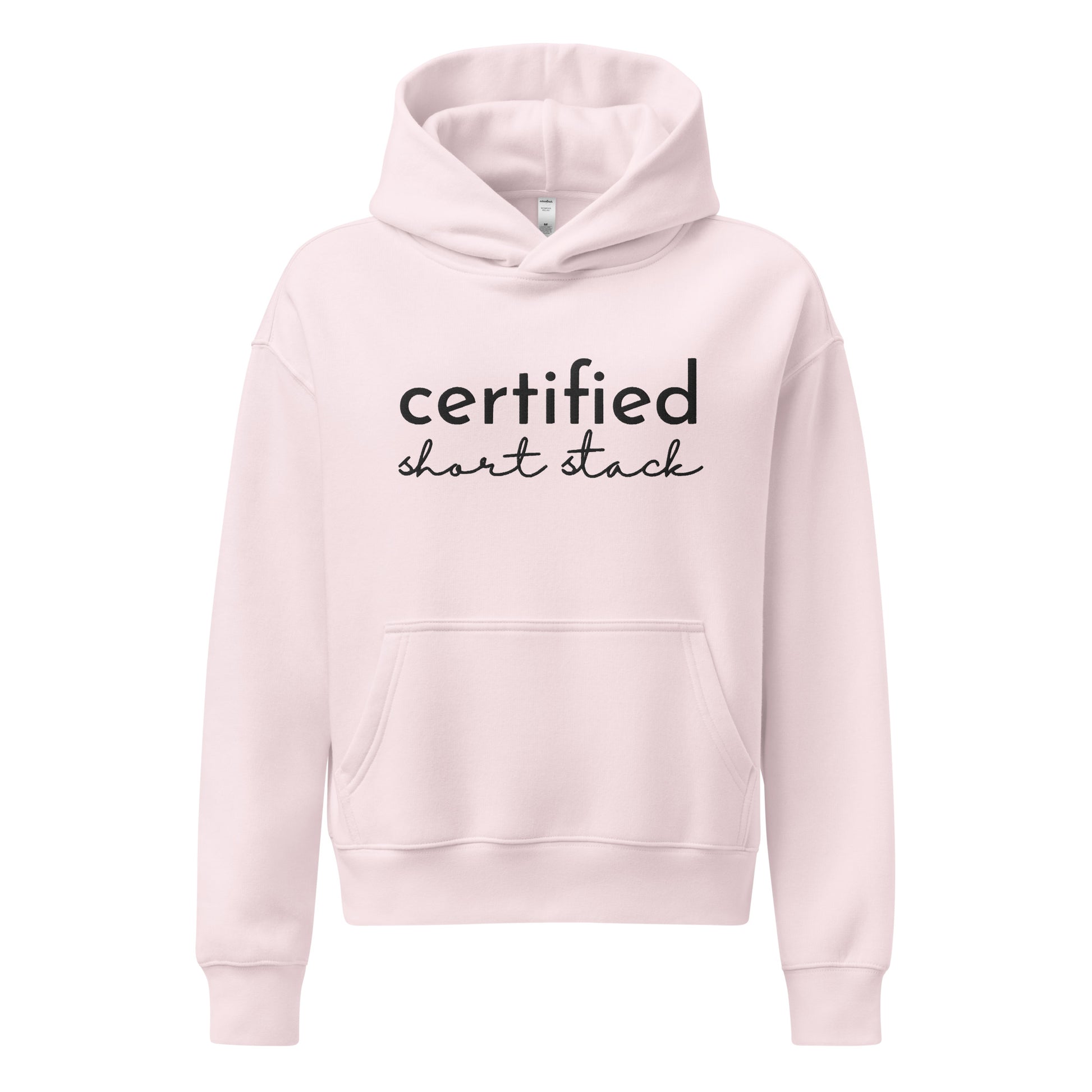 A light pink pullover hoodie with 'certified short stack' printed in black across the chest, displayed on a clean white background.