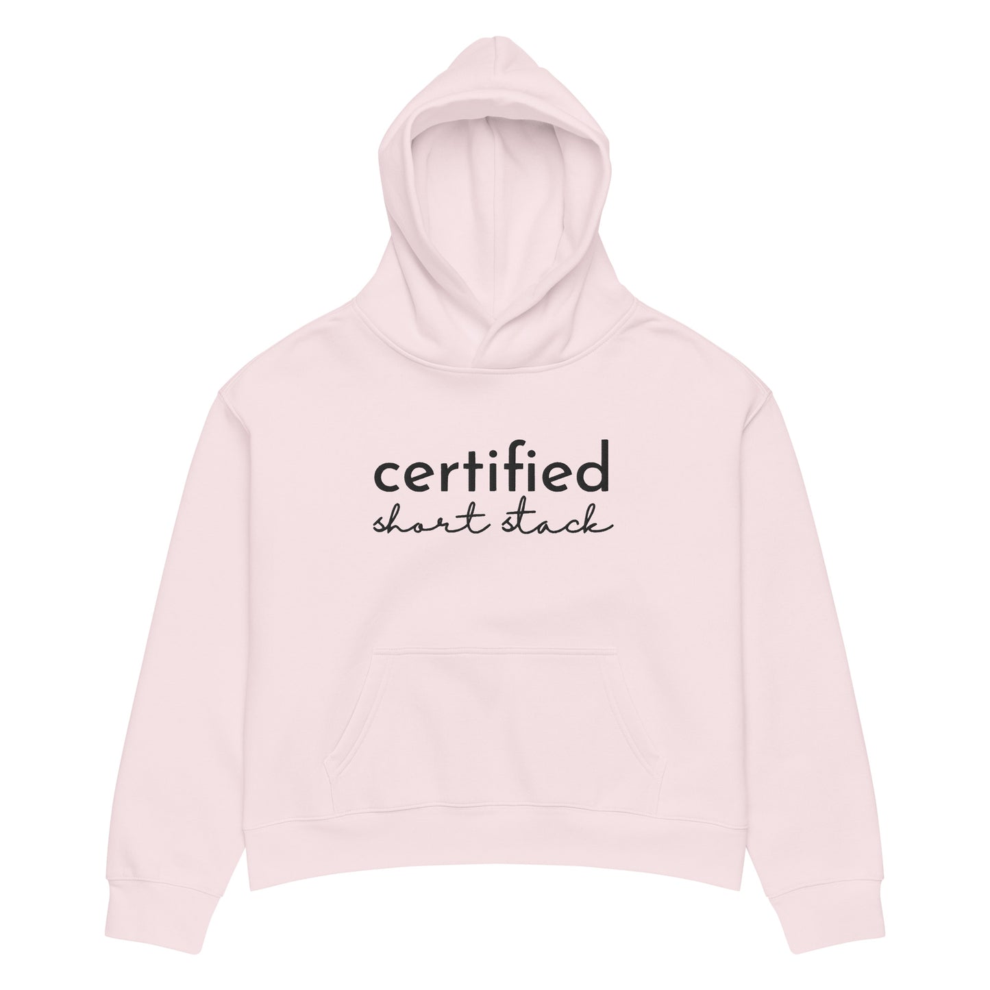 A light pink pullover hoodie with the words 'certified chart stock' printed in black across the chest, displayed on a clean white background.