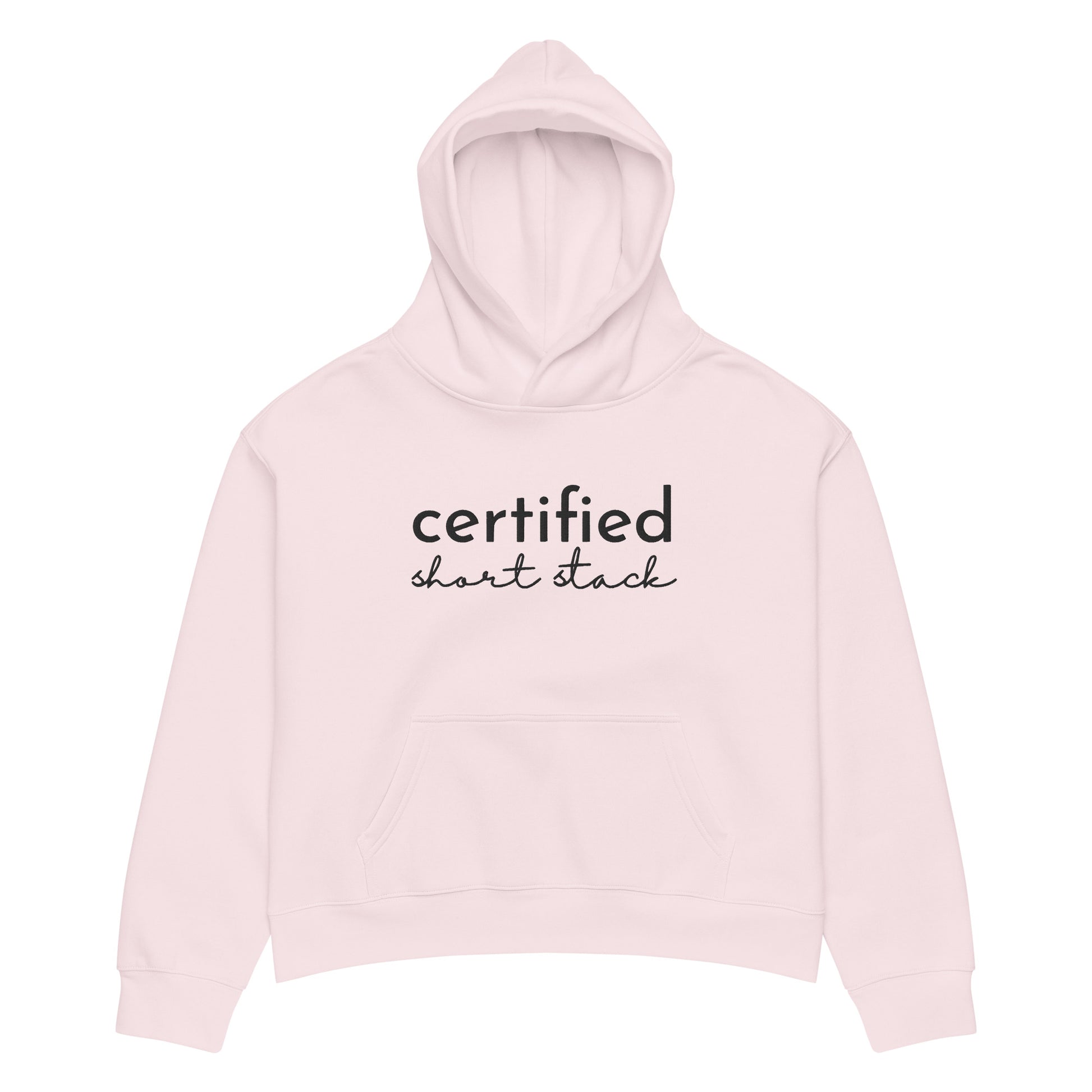 A light pink pullover hoodie with the words 'certified chart stock' printed in black across the chest, displayed on a clean white background.