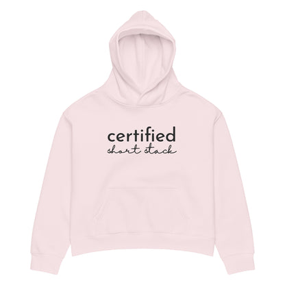 A light pink pullover hoodie with the words 'certified chart stock' printed in black across the chest, displayed on a clean white background.